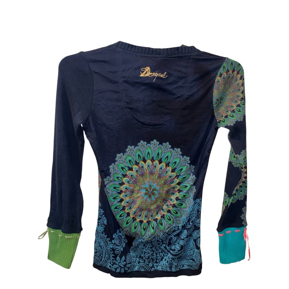 Desigual Top Peacock Mandala Long Sleeve Size S Beaded Sweater Maximalist VTG